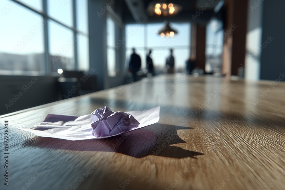 Poster crumpled paper sitting on a wooden table in an office with people in the background during daylight