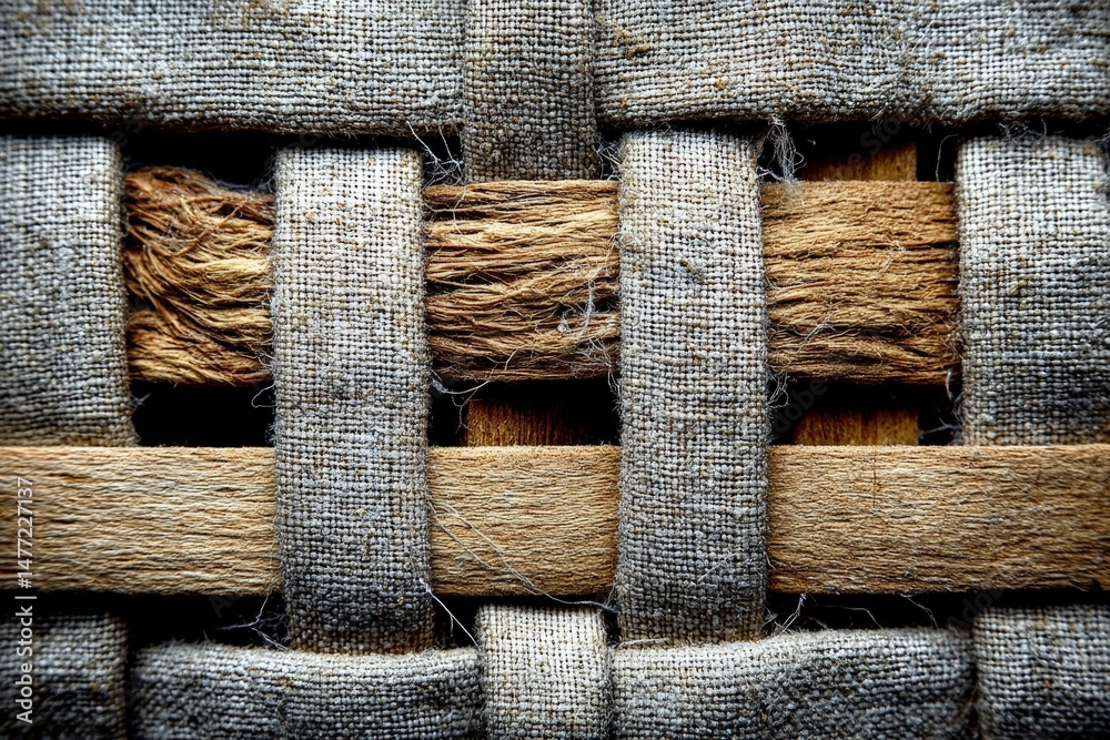 Aufkleber Close-up view of woven textiles showcasing natural fibers and wooden elements in intricate patterns