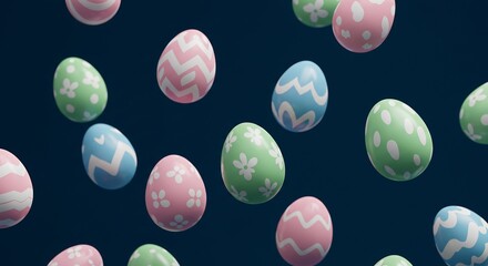 Floating Pastel Easter Eggs on Dark Blue Background