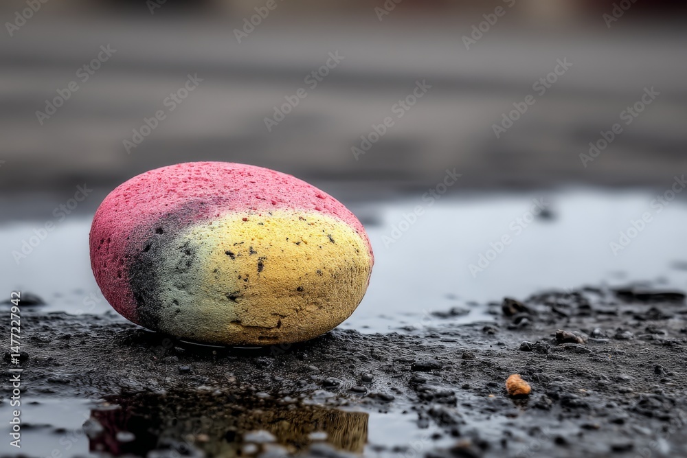 Aufkleber colorful sponge resting on wet pavement in a urban setting during overcast weather