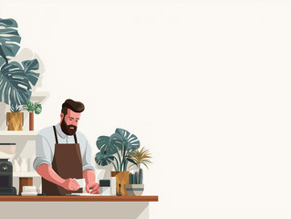 Modern Coffee Shop Barista: Mastering Artisan Coffee Preparation in a Contemporary Kitchen with Natural Light and Indoor Plants