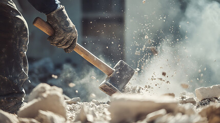 Construction Worker Using Sledgehammer to Break Concrete