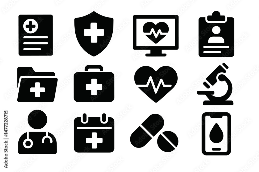 Aufkleber set of black web icons representing healthcare and medical themes for digital applications and websi