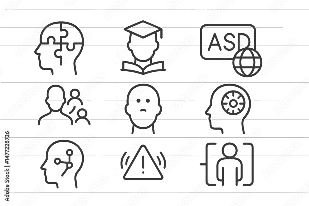 Poster collection of web icons illustrating concepts related to mental health, education, and communication
