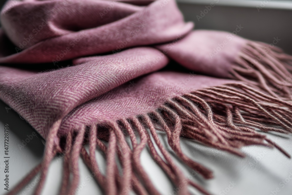 Aufkleber soft lavender scarf draped elegantly on a neutral surface with delicate fringes during a cozy indoor