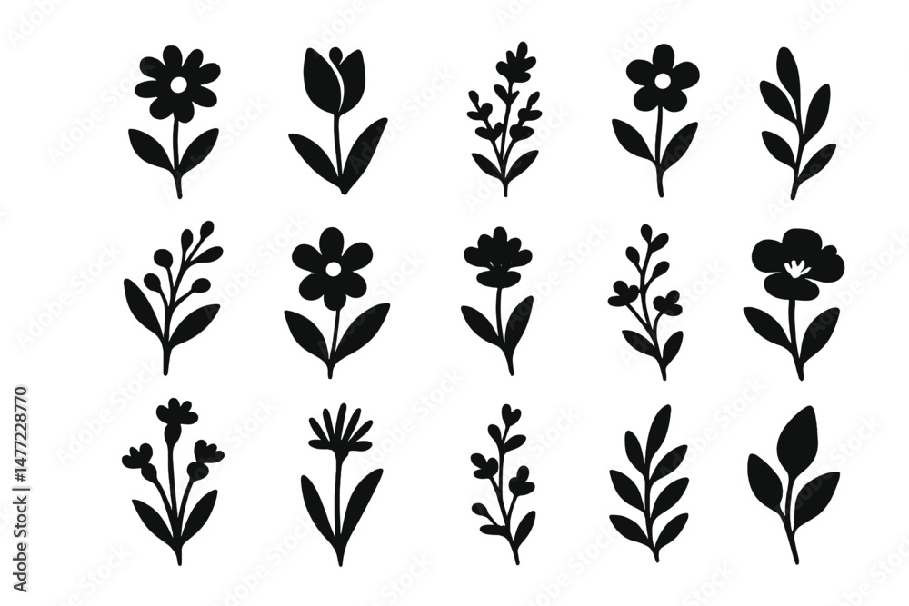 Aufkleber set of decorative web icons featuring various flower and leaf silhouettes in a black design for crea