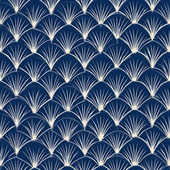 Traditional Japanese Wagara seamless pattern featuring Seigaiha (waves), Asanoha (hemp leaves), and Kikkō (tortoise shell). Clean geometric lines in indigo and ivory.