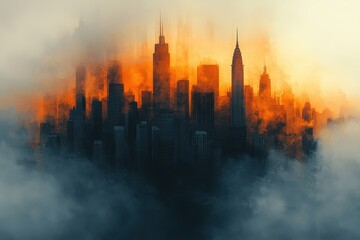 Obraz premium Fiery skyline at dusk with towering skyscrapers engulfed in smoke and flames over a bustling city