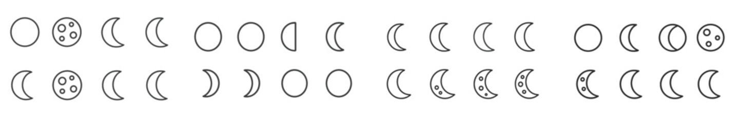 Set of minimalist web icons depicting the phases of the moon in a clean, monochrome design suitable for various applications