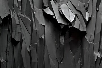Dark, jagged, fractured rock face. Close-up view of  layered, broken stone, appearing  almost  metallic.  Sharp angles  and  deep crevices