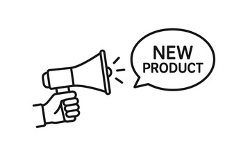 Web icons showcasing a hand holding a megaphone with a speech bubble announcing a new product launch