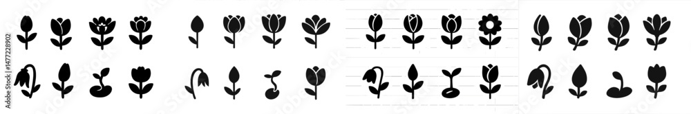 Poster Set of minimalistic floral web icons for design and development projects featuring various flower shapes