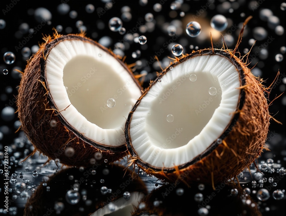 Poster two coconuts with their shells removed, revealing white flesh with brown outer skin, placed on a bla