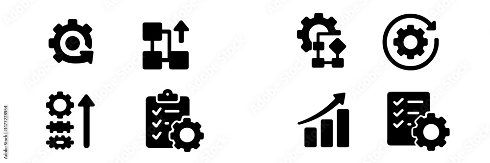 Poster Collection of black web icons representing tools, analytics, and productivity for digital applications