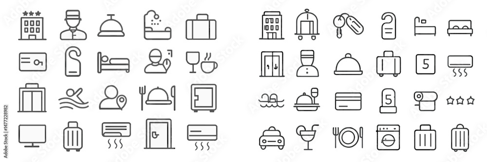 Poster set of minimalist web icons representing hospitality, travel, and service-related activities in a si