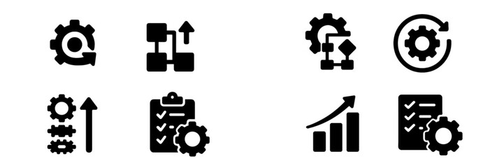 Collection of black web icons representing tools, analytics, and productivity for digital applications