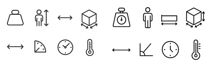 Set of minimal web icons depicting measurement tools and scales for various applications in design and user interface