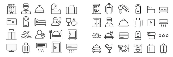 Set of minimalist web icons representing hospitality, travel, and service-related activities in a simple design
