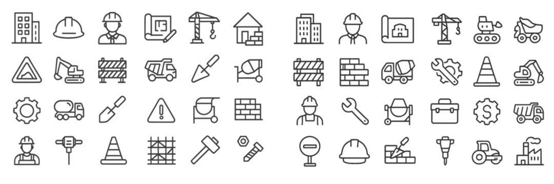 Collection of construction web icons featuring various tools, equipment, and safety symbols for use in digital projects
