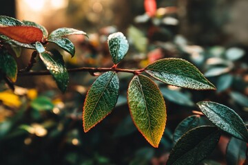 Close-up of vibrant green leaves glistening with morning dew in a serene garden setting during early daylight hours