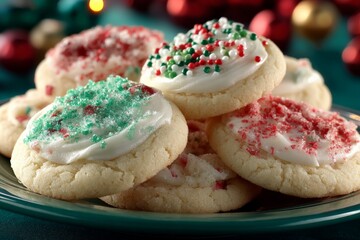 Festive sugar cookies decorated with icing and holiday sprinkles on a green plate during the holiday season