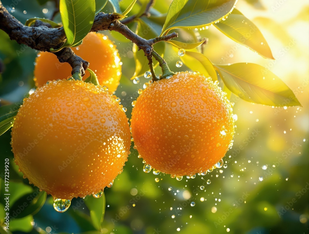Poster oranges on tree branches with droplets of water in the air, indicating recent rain or dew.