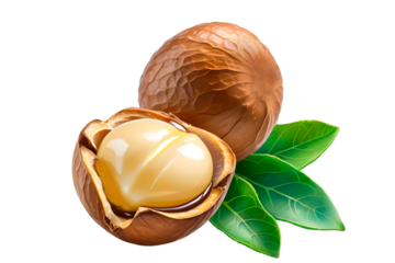 macadamia nuts with green leaf isolated on transparent background