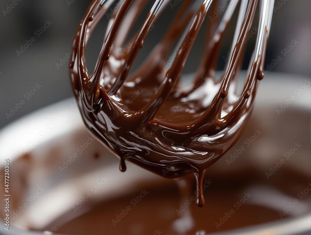 Poster chocolate sauce dripping from a whisk into a bowl.