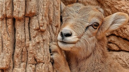 Fototapeta premium Baby bighorn sheep hiding behind rock