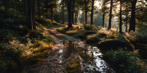 Sun-dappled muddy path winds through dense forest during golden hour. Warm sunlight filters through canopy. Tall trees line path. Realistic nature photo.