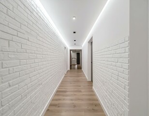 Modern minimalist hallway with white brick walls and light wood flooring. Perfect for interior design, architecture, and home d&eacute;cor projects.