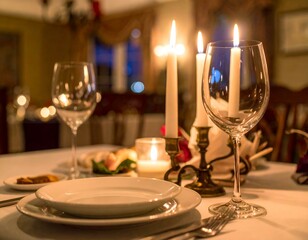 Romantic candlelit dinner table setting with elegant glassware and plates. Perfect for Valentine's Day or anniversary.