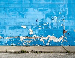 Weathered blue brick wall with peeling paint and cracked sidewalk. Perfect for grunge, urban, or textured backgrounds.