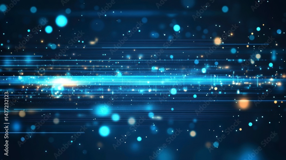 Poster abstract blue background with glowing particles and light streaks.
