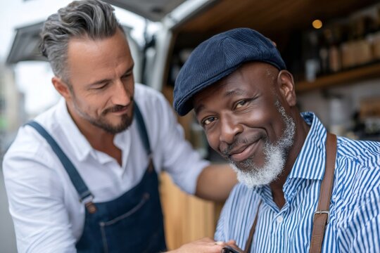 Senior chef smiling with waiter holding mobile payment terminal in food truck