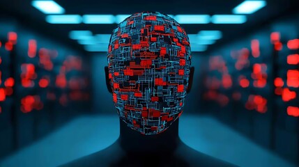A human silhouette with a digital, circuit-like face stands in a futuristic, neon-lit server room.