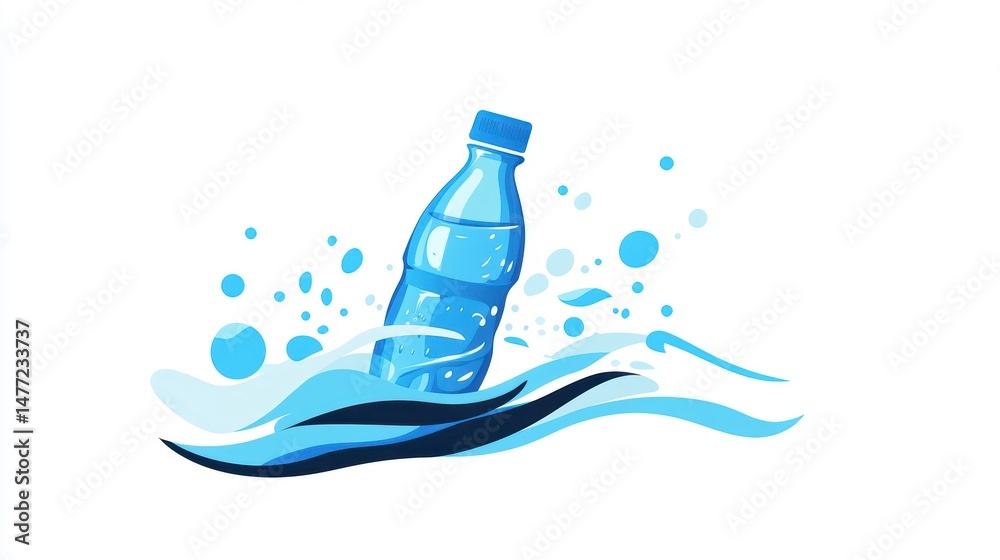 Poster refreshing blue water bottle splashing in waves.