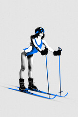 Poster. Contemporary artwork. Female skier in blue swimsuit and goggles stands confidently on skis, blending contrast and motion. Textured effect. Concept of winter sport, training, unique style.
