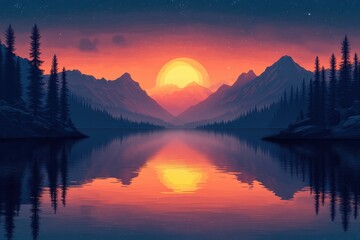 Majestic sunset over tranquil lake reflecting mountains and trees in serene wilderness landscape