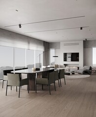 Interior of modern living room with white and wooden walls, tiled floor, comfortable sofa and tv set