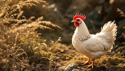 Elegant White Chicken Standing in a Sunlit Grassy Field at Eye Level and Warm Ambient Lighting