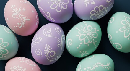 Pastel Easter Eggs with Floral Design on Dark Background