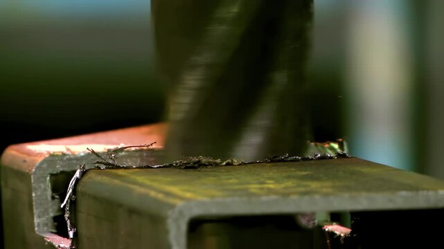 Industrial metal drilling: Close-up of a drill bit cutting through steel profile tube with metal shavings around &mdash; precision machining in workshop