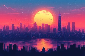 Vibrant sunset over a futuristic city skyline with colorful reflections in the water