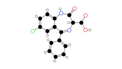 Naklejka premium clorazepate molecule, structural chemical formula, ball-and-stick model, isolated image anxiolytic drug