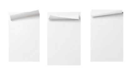Blank sheets of paper.  Three white, rectangular pieces of paper, each with a corner curled upward