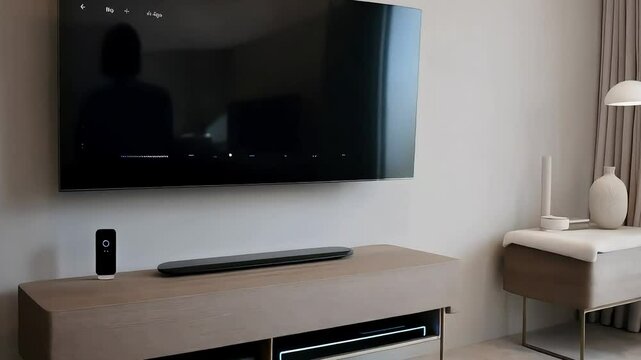 壁掛けスマートテレビ、音声操作可能な照明、そして洗練された目立たない充電ステーションを備えた現代的なリビングルーム。モダンなホームテクノロジーデザインとミニマルなインテリア。