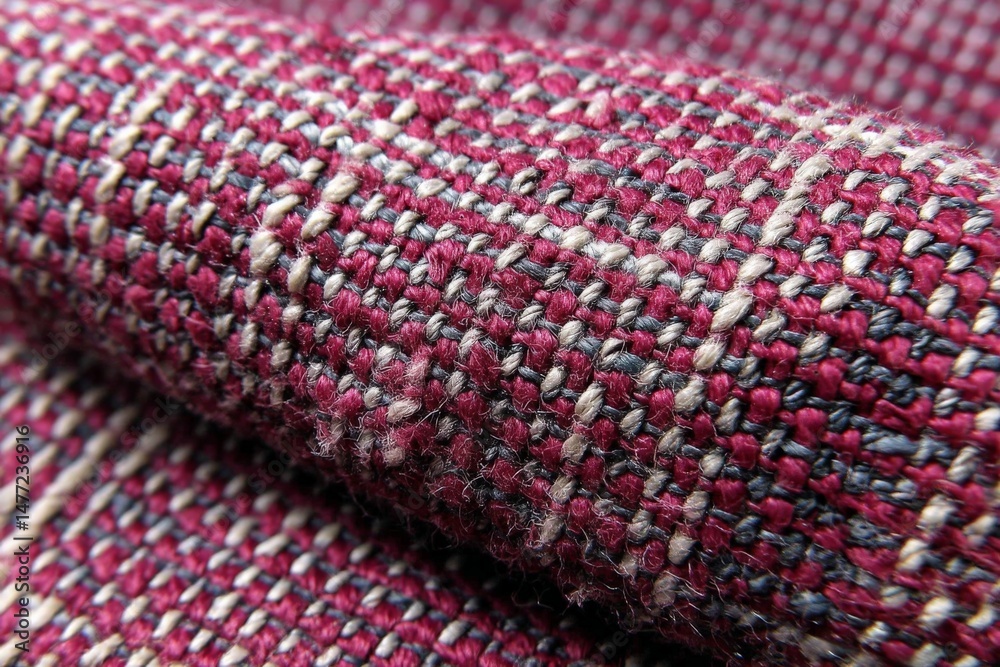 Poster close-up view of woven textile showcasing intricate patterns in maroon and beige colors during dayli