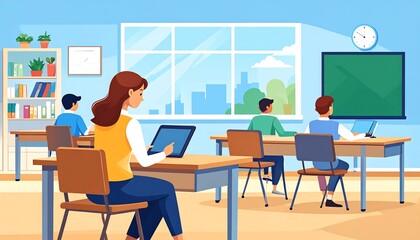 Student Using Tablet in Bright Online Classroom with Backlit Scene and Comfortable Learning Environment