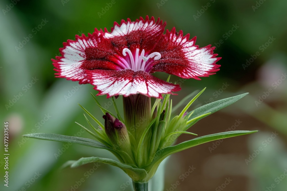 Poster bright red and white flower blooms in a garden during spring while attracting pollinators